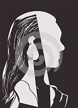 Silhouette of woman head. Profile of a beautiful young girl with long hair. Gray and white vector illustration. Fashion concept.