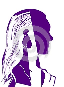 Silhouette of woman head. Profile of a beautiful young girl with long hair. Purple and white vector illustration. Fashion concept.
