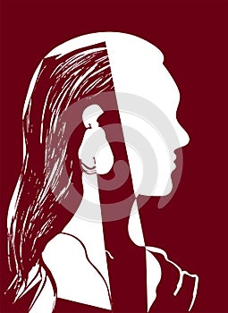 Silhouette of woman head. Profile of a beautiful young girl with long hair. Red and white vector illustration. Fashion concept.