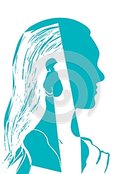 Silhouette of woman head. Profile of a beautiful young girl with long hair. Turquoise and white vector illustration. Fashion