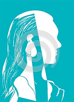 Silhouette of woman head. Profile of a beautiful young girl with long hair. Turquoise and white vector illustration. Fashion