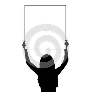 Silhouette woman holds banner placard blank white sheet for text space closeup