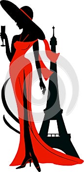 Silhouette of woman in long dress and big hat with wineglass. Stylish fashion illustration