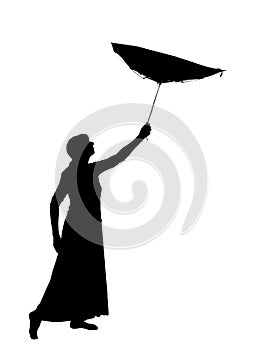 Silhouette of woman in long skirt with inside out umbrella, catching dreams, falling stars.