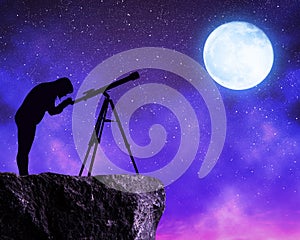 Women looking at the stars sky with telescope.