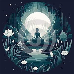 A silhouette of a woman in a lotus pose against a sunset background. Oneness with nature. Zen, meditation, peace. Vector