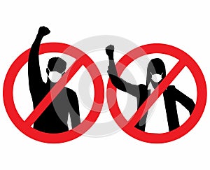 A silhouette of a woman and a man in protective masks with a raised hand inside a red forbidding sign