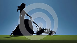 Silhouette of woman mowing lawn on blue sky background
