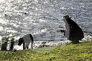 Silhouette woman & pet dog walking by lake