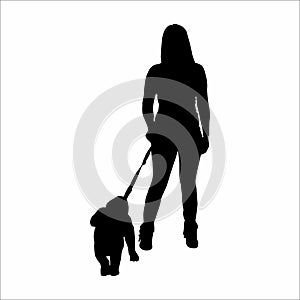 silhouette of a woman with a pet dog, on a white background