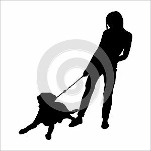 silhouette of a woman with a pet dog, on a white background