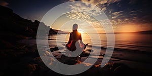 Silhouette of a woman practicing yoga or meditating on the beach at sunrise. Yoga concept