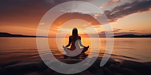 Silhouette of a woman practicing yoga or meditating on the beach at sunrise. Yoga concept