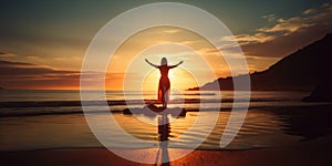 Silhouette of a woman practicing yoga or meditating on the beach at sunrise. Yoga concept