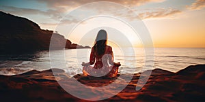 Silhouette of a woman practicing yoga or meditating on the beach at sunrise. Yoga concept