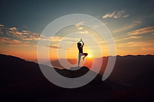 Silhouette of woman practicing yoga in the mountains at sunset