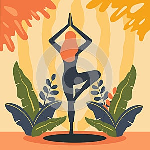 Silhouette of Woman is Practicing Yoga Pose Sport Meditation with Leaf Plant