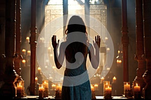 Silhouette of a woman in prayer, with raised hands, illuminated by radiant light from candles