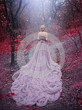 Silhouette woman queen in Autumn forest magic trees red leaves. blonde princess
