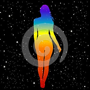 Silhouette of woman in rainbow colors showing position of human