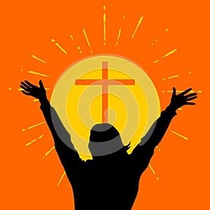 Silhouette of a woman with raised hands in front of a cross.