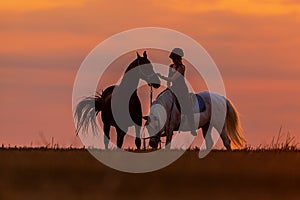 Silhouette of a woman riding a horse and the other is on a rope and strokes him on the head