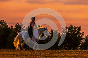 Silhouette of a woman riding a horse with a pink sky background