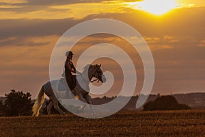 Silhouette of a woman riding a horse at sunset