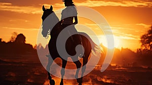 Silhouette of a woman riding a horse at sunset. Equestrian Elegance. Generative AI