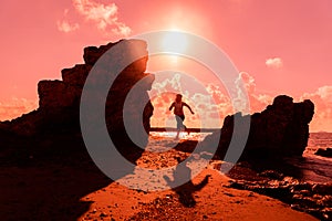 Silhouette woman running and exercise on the beach sunset. Sport and healthy lifestyle.