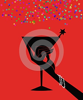 Silhouette of a Woman`s Hand Holding a Cocktail on a Red Backgro
