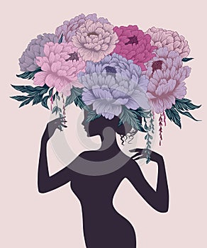 Silhouette of a woman\'s head with a flower arrangement. Floral portrait, peonies, leaves, flower arrangement, bouque