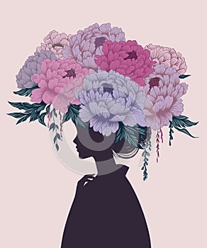 Silhouette of a woman\'s head with a flower arrangement. Floral portrait, peonies, leaves, flower arrangement, bouque