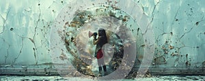 Silhouette of a woman shouting through a megaphone, breaking through a cracked white surface, concept of female empowerment