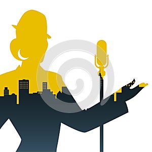 Silhouette of woman singer and skyline of city inside. Retro style