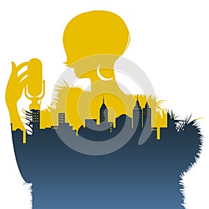 Silhouette of woman singer and skyline of city inside. Retro style