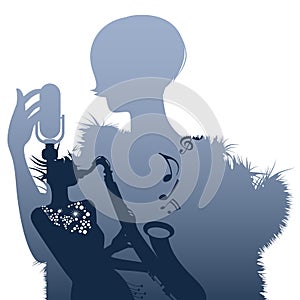 Silhouette of woman singer and woman playing the saxophone inside. Retro style