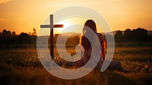 Silhouette of a woman sitting on the grass praying in front of a cross at sunset