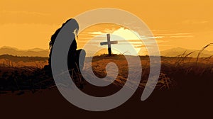 Silhouette of a woman sitting on the grass praying in front of a cross at sunset