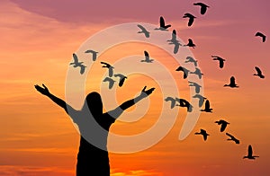 Silhouette woman standing raised up hands during flock of lesser whistling duck flying on sunset
