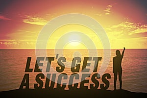 Silhouette woman standing and raising up her finger about fighting concept on let get success text