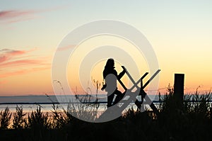 Silhouette of a woman on a stile at twilight time