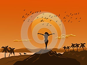 Silhouette woman stood up and showed his hands on the top of the mountain happily.  sea, mountains,birds and sunset background photo