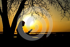 Silhouette of a woman studing the Bible in nature at sunset, concept religion and spirituality