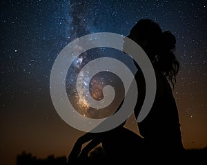 Silhouette of a woman in thoughtful repose under the Milky Way\'s celestial river