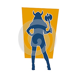 Silhouette of a woman viking fighter character in action pose with armor suit and axe weapon.