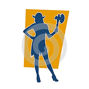 Silhouette of a woman viking fighter character in action pose with armor suit and axe weapon.