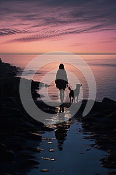 silhouette of woman walking with dog at beach, friendship of human and pet