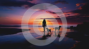 silhouette of woman walking with dog at beach, friendship of human and pet