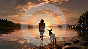 silhouette of woman walking with dog at beach, friendship of human and pet